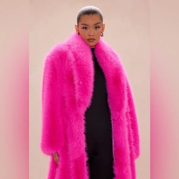NWT Hot Pink Fuchsia Faux Fur Oversized Coat - Women's Statement Jacket L - Picture 2 of 5